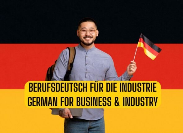 Professional man holding German flag in front of black-red-yellow background with title “Berufsdeutsch für die Industrie – German for Business & Industry”