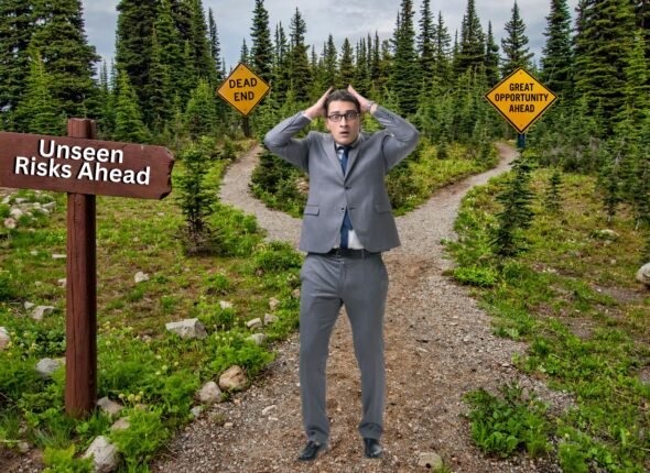 A confused business professional stands at a forest crossroads, with one path leading to a sign reading “Dead End,” another to “Great Opportunity Ahead,” and a wooden sign in the foreground stating “Unseen Risks Ahead.”