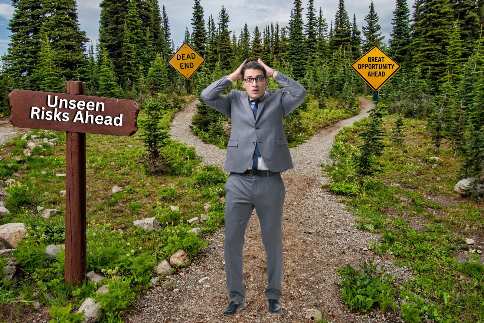 A confused business professional stands at a forest crossroads, with one path leading to a sign reading “Dead End,” another to “Great Opportunity Ahead,” and a wooden sign in the foreground stating “Unseen Risks Ahead.”