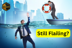 Businessman flailing in water as another offers a life ring from a boat