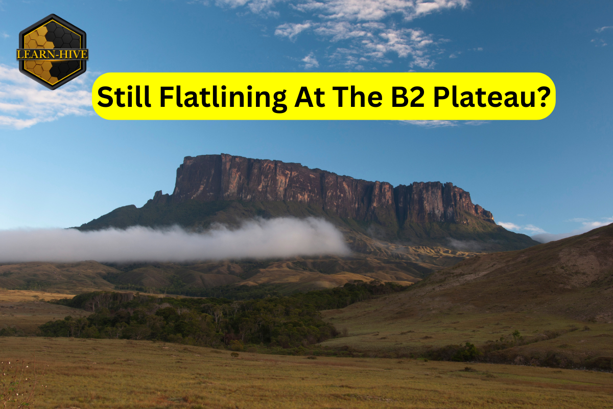 A dramatic flat-topped mountain plateau with a yellow banner that reads “Still Flatlining at the B2 Plateau?”