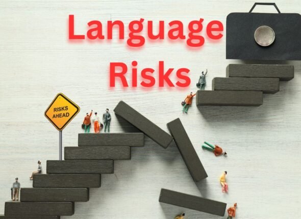 Language Risks in Global Business – Visual metaphor of communication breakdown on a staircase with miniature businesspeople