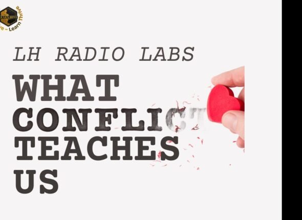 A red heart-shaped eraser rubbing out the word “conflict” in bold text, representing resolution and emotional intelligence in leadership.