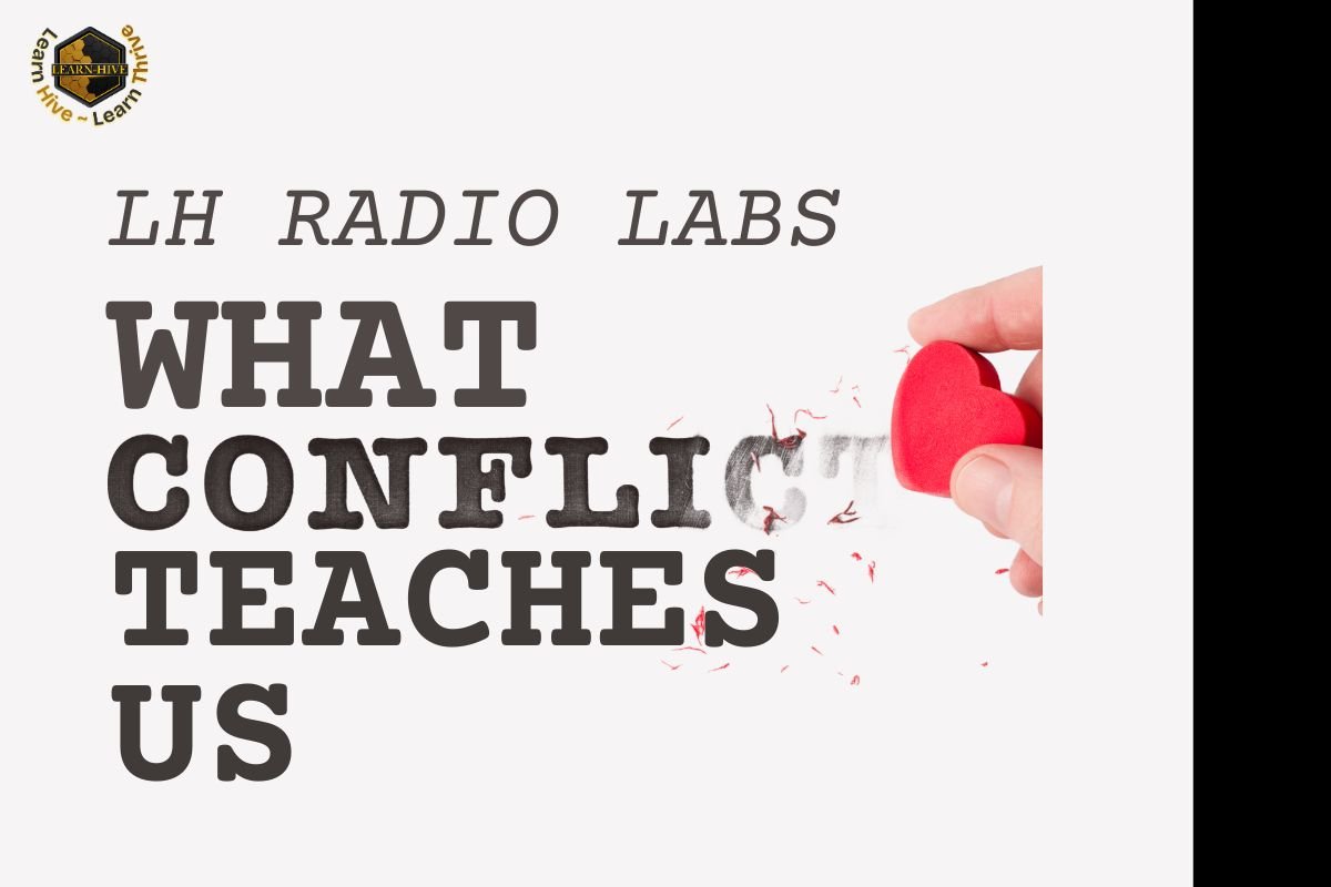 A red heart-shaped eraser rubbing out the word “conflict” in bold text, representing resolution and emotional intelligence in leadership.