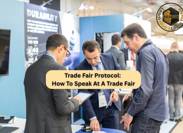 Business professionals discussing product details at an international trade fair booth, demonstrating high-level communication and negotiation in a commercial setting.