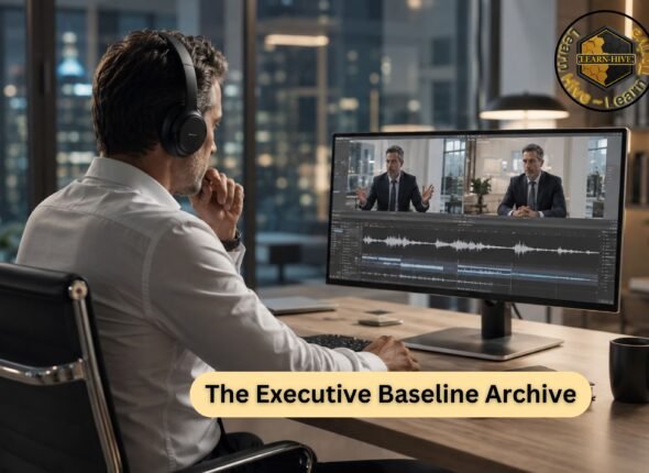 Senior executive reviewing archived communication recordings and waveform analysis in a modern office as part of Learn Hive’s Executive Baseline Archive benchmarking system.