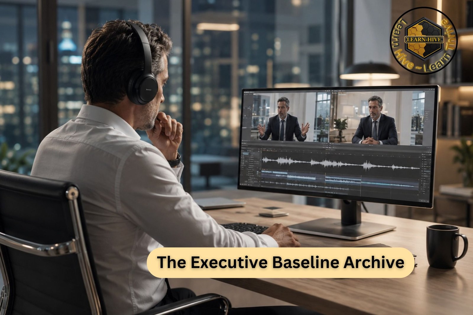 Senior executive reviewing archived communication recordings and waveform analysis in a modern office as part of Learn Hive’s Executive Baseline Archive benchmarking system.