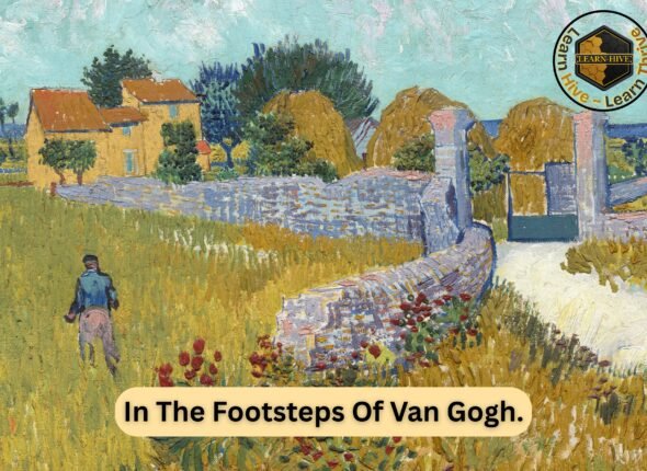 Promotional artwork for Learn Hive’s “In The Footsteps Of Van Gogh” podcast featuring a Vincent van Gogh countryside painting with Learn Hive branding and immersive cultural English learning themes.